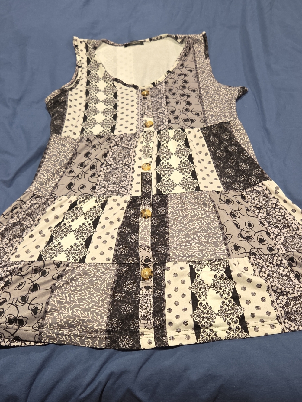 Sleeveless Black & White Patchwork Button-Front Dress